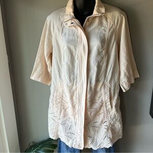 Chico's Jacket Women's 1 US Medium Pink Linen Cutwork Topper 3/4 Sleeves